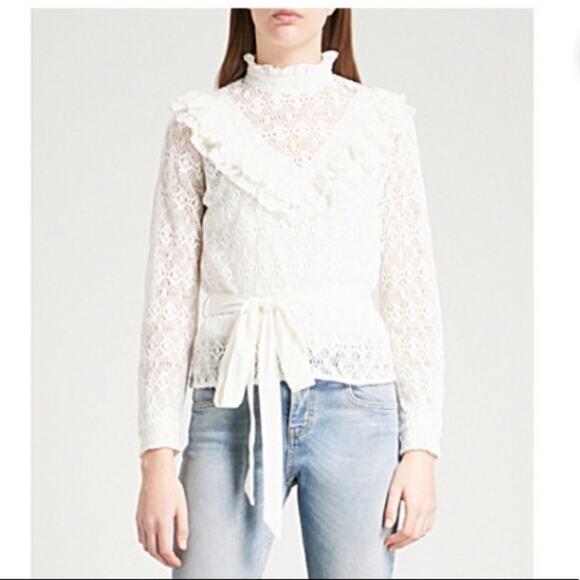 Maje Limba Cream Lace Long Sleeve Ruffle Shirt - Picture 1 of 12